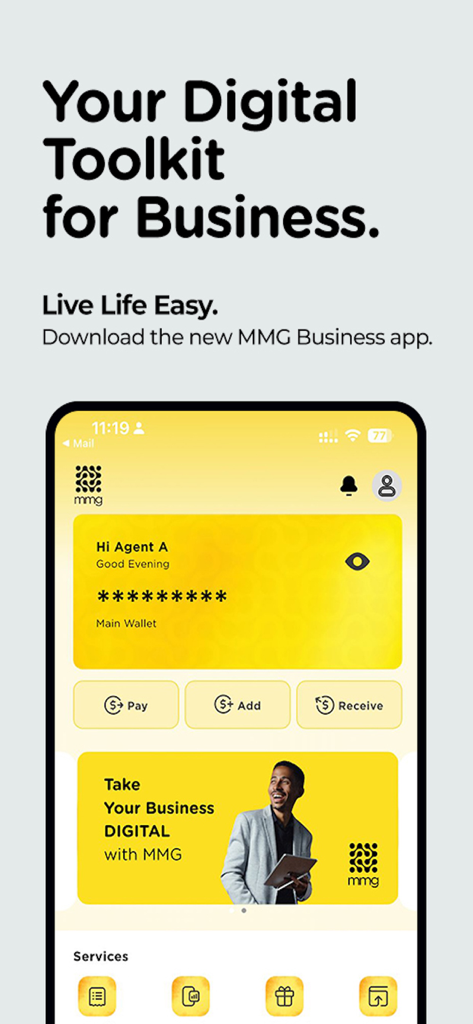 MMGBusiness- Agent & Merchant - MMG Business app interface showing wallet balance and merchant payment options