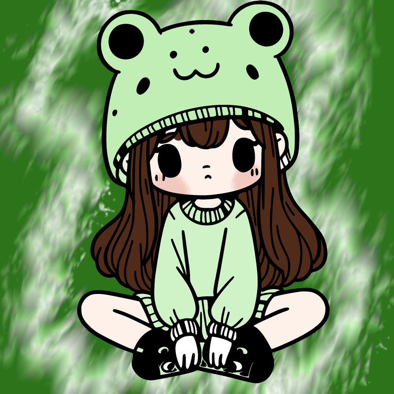 a girl wearing a frog hat and some frog socks