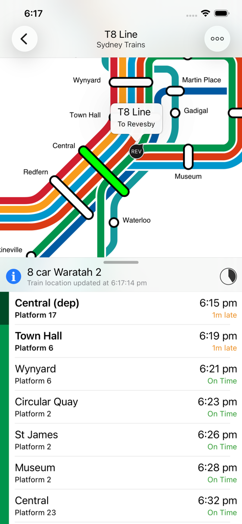 TripView Lite - Mapa y horario de la línea T8 de trenes de Sídney en la aplicación TripView Lite