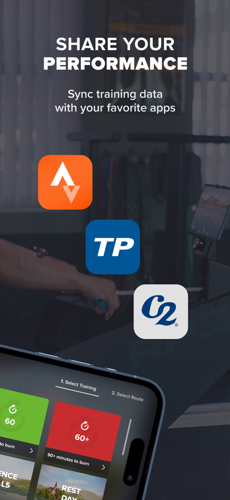 EXR | Virtual indoor rowing - EXR app performance screen showing data synchronization with Strava TrainingPeaks and Concept2