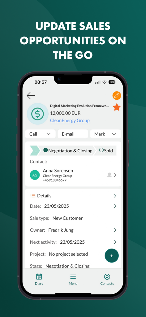 SuperOffice Mobile CRM interface showing a sales opportunity for CleanEnergy Group in the negotiation and closing stage.