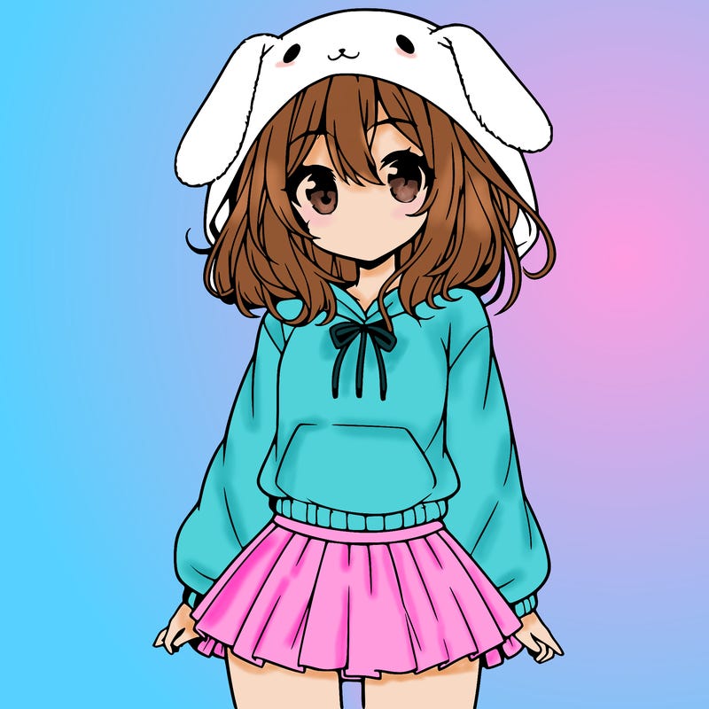 pretty anime girl wearing a fluffy hoodie with bunny ears on the hood and a skirt
