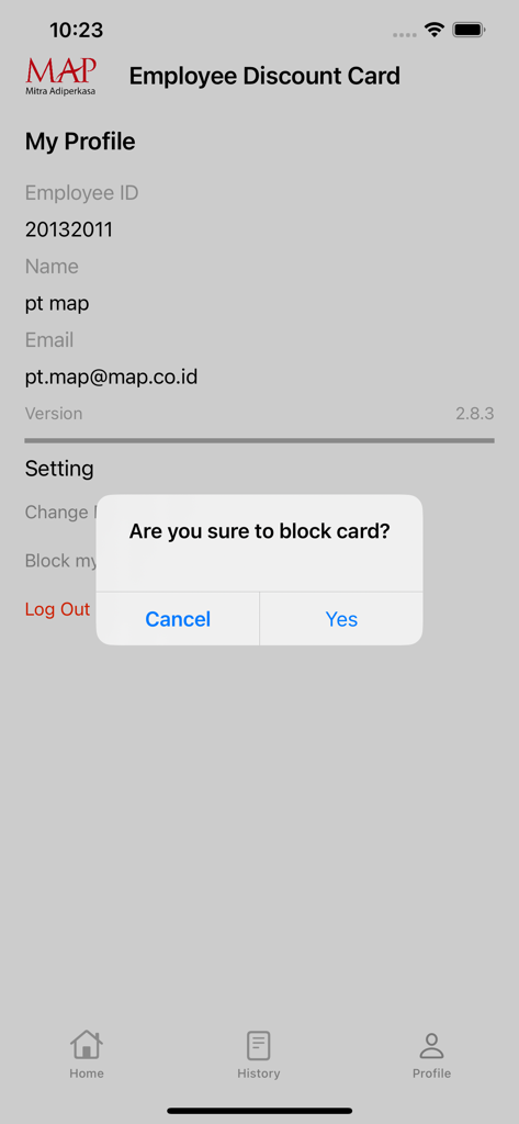 Profile screen of the MAP EDS app showing employee information and a block card confirmation alert.