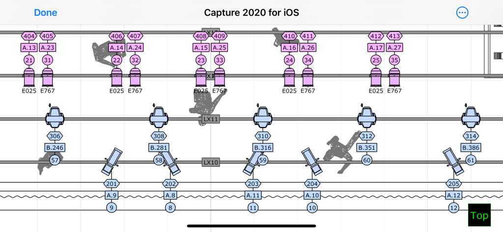 Capture Mobile - Technical 2D lighting plot and fixture patch view in Capture Mobile for iOS