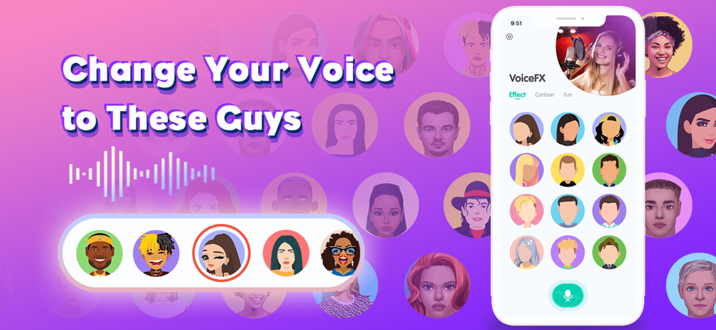 Funny Voice Effects & Changer - Interfaz de la aplicación Funny Voice Effects and Changer con filtros de voz de celebridades de dibujos animados.