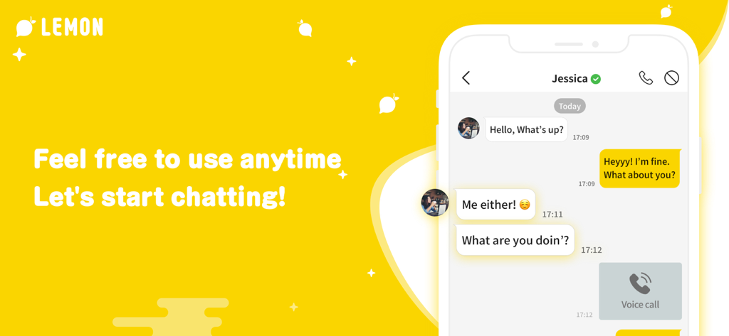 LEMON - very fun chat app - A screenshot of the LEMON app showing a chat conversation with a user named Jessica on a bright yellow background.