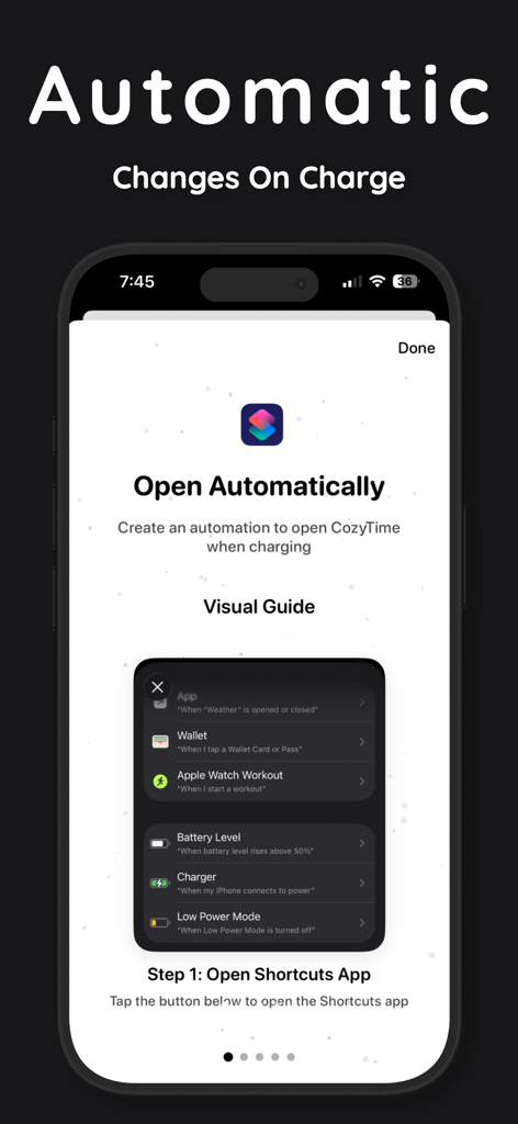 CozyTime: Lock Screen Clocks - A visual guide explaining how to set up the CozyTime app to open automatically when an iPhone is charging using iOS Shortcuts.
