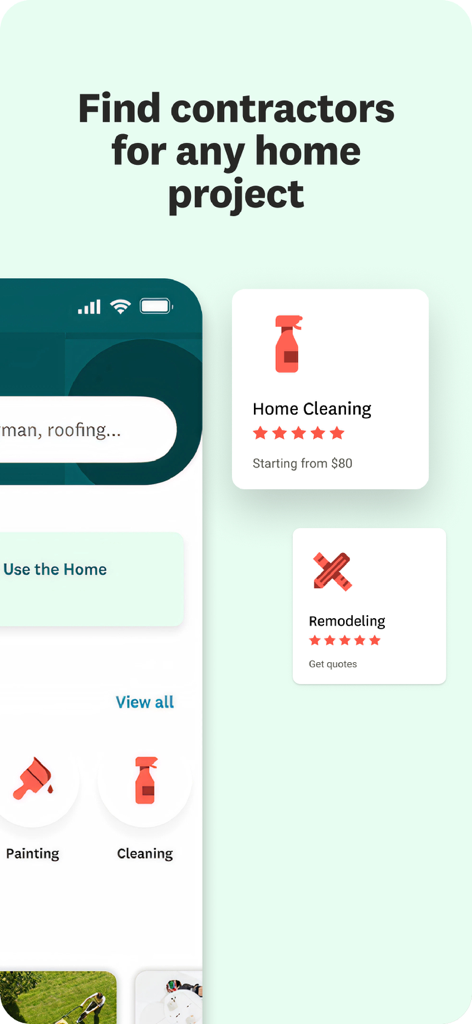 Angi mobile app screen showing home cleaning and remodeling service categories with ratings and price estimates