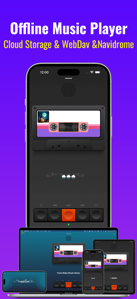 Wake Music Pro：Offline  Music - Wake Music Pro app showing retro cassette interface on iPhone and Mac