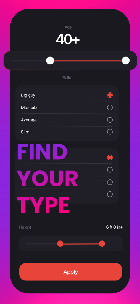 Mr X 게이 데이팅 앱의 검색 필터로 나이, 체형, 키 선택 옵션을 보여줍니다.
