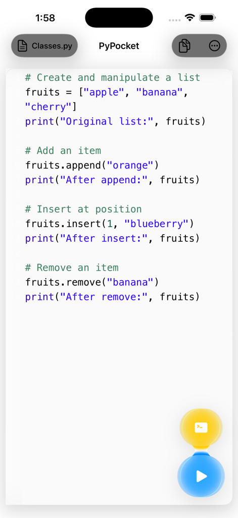 PyPocket - PyPocket mobile app interface displaying Python code for list manipulation with syntax highlighting.