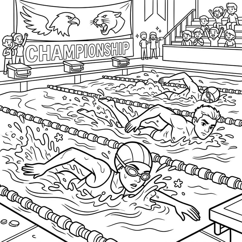 Get ready to dive into the thrill of a high school swim championship with this exciting coloring page. Perfect for kids, it captures the energy of competitive swimming with dynamic action and cheering fans.