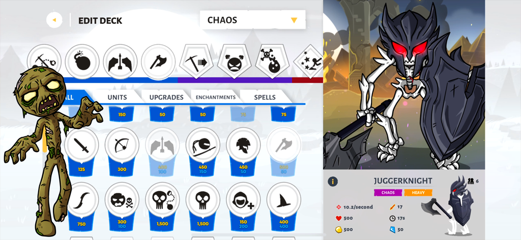 Battle deck customization screen in Stick War Saga featuring the Juggerknight unit and army selection icons