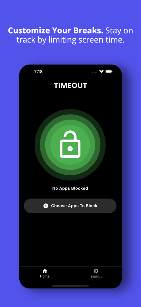 Timeout app home screen interface showing a button to choose apps to block for improved productivity