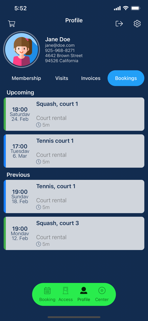 Pantalla de perfil de la aplicación Boost System que muestra una lista de reservas futuras y pasadas de canchas de squash y tenis