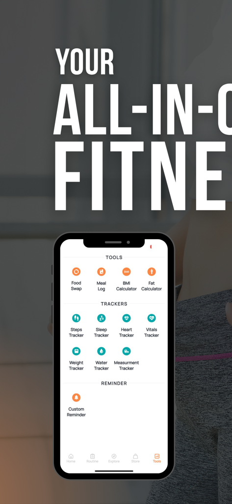 Tela do aplicativo Fitelo mostrando várias ferramentas de saúde e rastreadores, incluindo passos, sono, frequência cardíaca e registro de refeições.