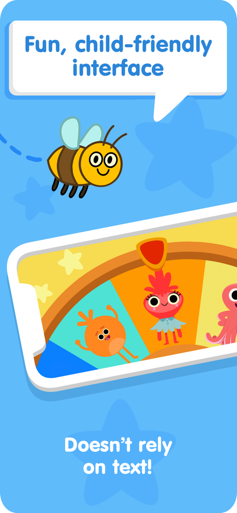 Super Simple - Kids Songs - Super Simpleアプリの子供向けのビジュアルインターフェース。キャラクターホイールと漫画の蜂が登場。