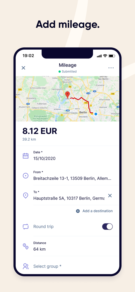 Rydoo - Rydoo-App-Oberfläche zur Verfolgung von Geschäftsmeilen und Reisekosten auf einer Karte