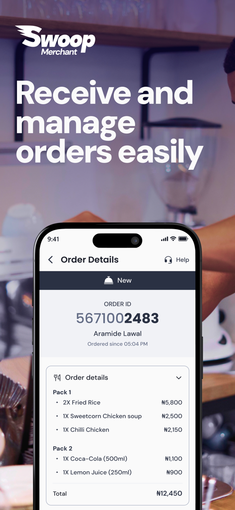 Swoop Rider - Swoop Merchant app screen showing detailed customer order with itemized food list and total price