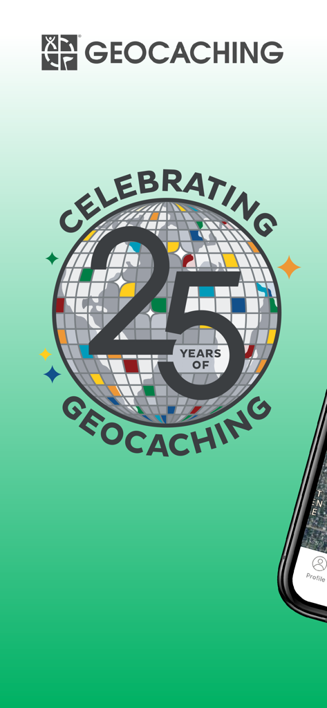 Graphic celebrating 25 years of Geocaching with a disco ball globe and the number 25