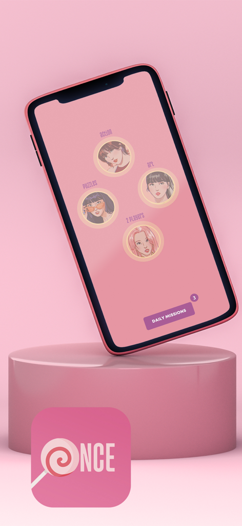 Menu principale dell'app ONCE fandom TWICE che mostra diverse categorie di giochi come azione e puzzle con illustrazioni di idol K-pop