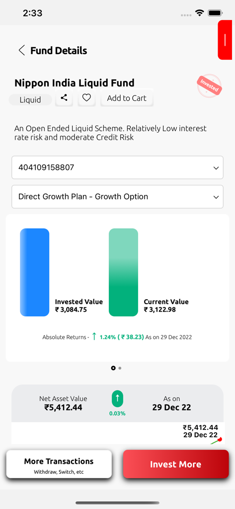 Nippon India Mutual Fund - Interfaccia dell'app Nippon India Mutual Fund che mostra le prestazioni degli investimenti e i dettagli dei fondi liquidi