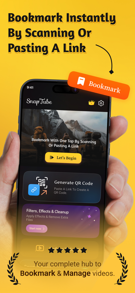 SnapTube - Video & Photo Save - Pantalla de la aplicación SnapTube que muestra herramientas de marcadores y gestión de videos instantáneos