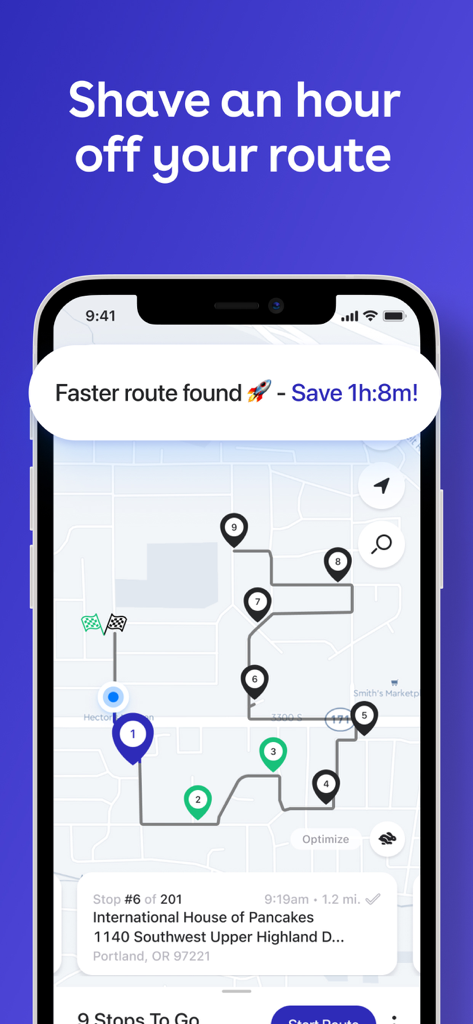 Straightaway Powered by Mapbox - Straightaway app interface displaying a multi-stop delivery route map and a notification for saving over an hour of drive time