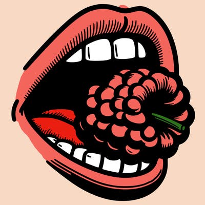 mouth with a razzberry in the mouth