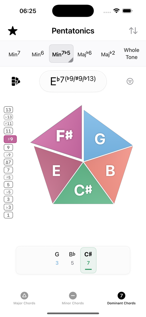 Pentatonics - Take Five - A screenshot of the Pentatonics app showing a colorful pentagon visualizer mapping a scale to a dominant chord for music theory analysis.