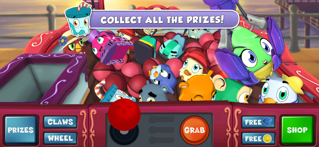 Gameplay screenshot of Prize Claw 2 showing a colorful claw machine filled with cute character prizes