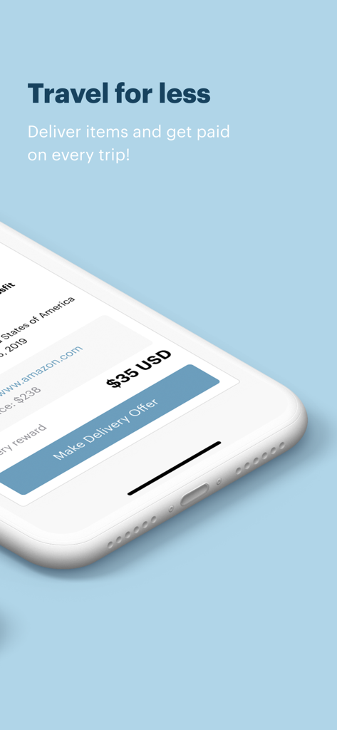 Grabr - Global Shopping - Grabr app screen showing a thirty five dollar delivery reward for a traveler to make an offer