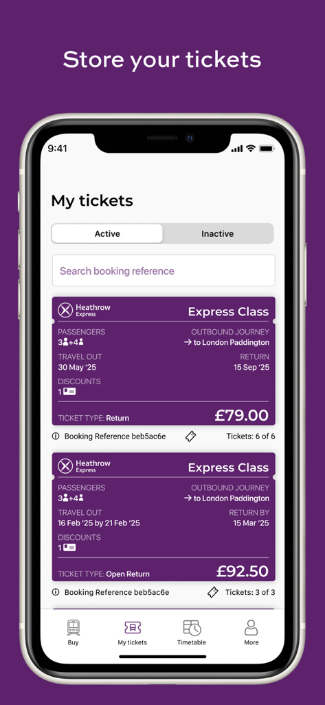 Heathrow Express app screen showing active digital train tickets