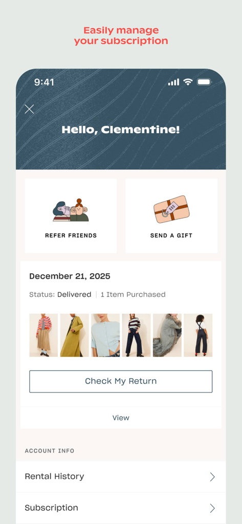 Nuuly - Screenshot della schermata dell'account dell'app Nuuly che mostra i dettagli dell'abbonamento, la cronologia dei noleggi e le anteprime degli articoli di abbigliamento.