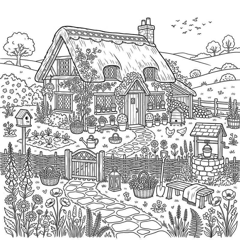 Step into the idyllic world of Cottagecore with this charming coloring page, featuring a quaint thatched cottage and a flourishing garden. Discover the rustic beauty of nature and traditional rural life through every detail you bring to life with color.