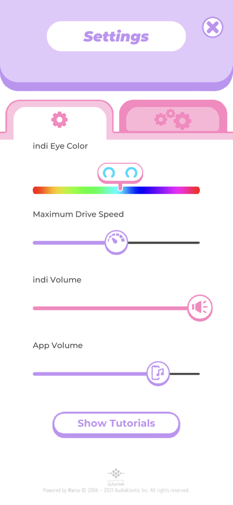 La pantalla de configuración de la aplicación Sphero Edu Jr que muestra controles deslizantes para el color de los ojos, la velocidad y el volumen del robot indi