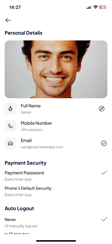 PayMaster - The Super App - Pantalla de perfil de usuario en la aplicación PayMaster mostrando detalles personales y configuraciones de seguridad de pago