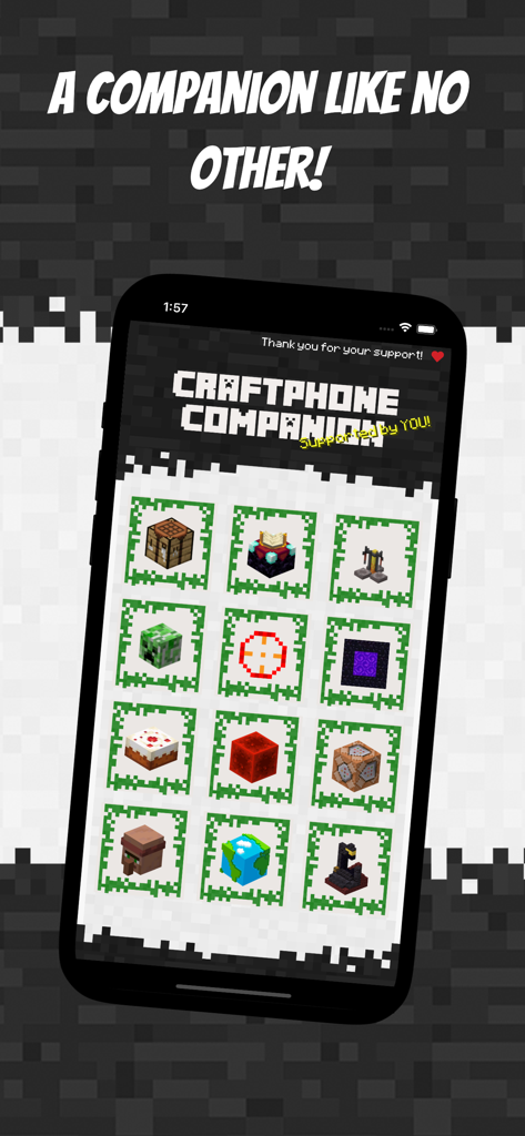 Guide for Minecraft Ultimate - A mobile app interface titled Craftphone Companion showing a grid of Minecraft icons including a crafting table, enchantment table, and nether portal.