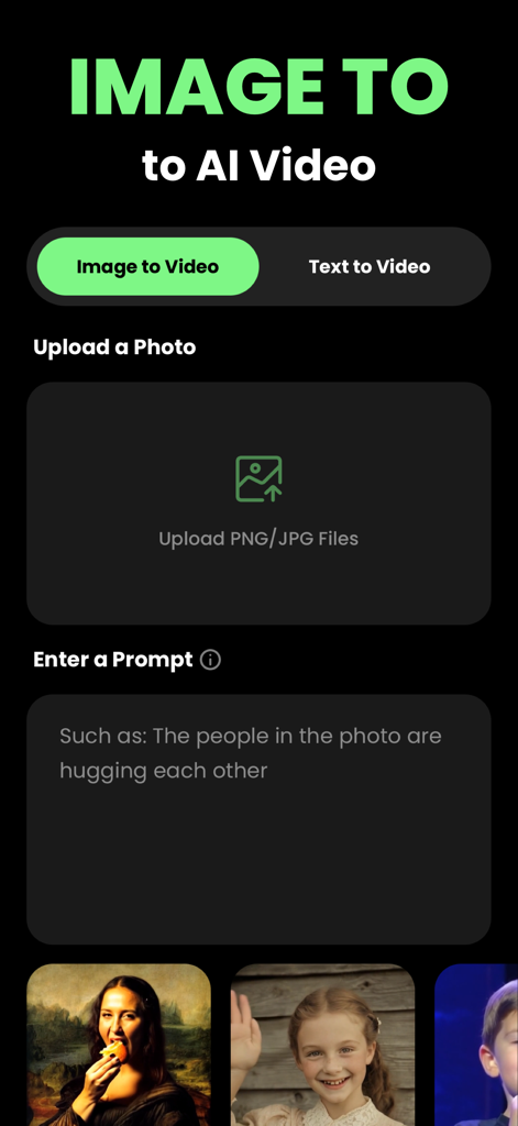Interfaz de la aplicación PixVideo AI mostrando opciones para convertir imágenes o texto en vídeos IA