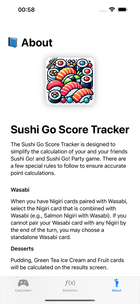 Sushi Go Score Tracker - About section of the Sushi Go Score Tracker app explaining board game scoring rules for Wasabi and Desserts