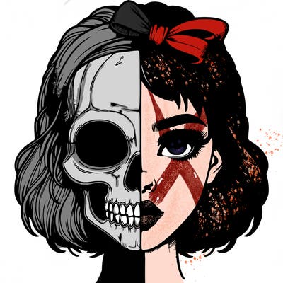 realistic girl with half skull mask