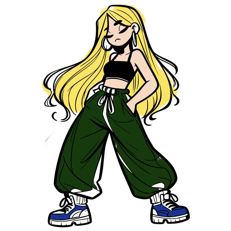 girl in baggy pants crop top and long hair