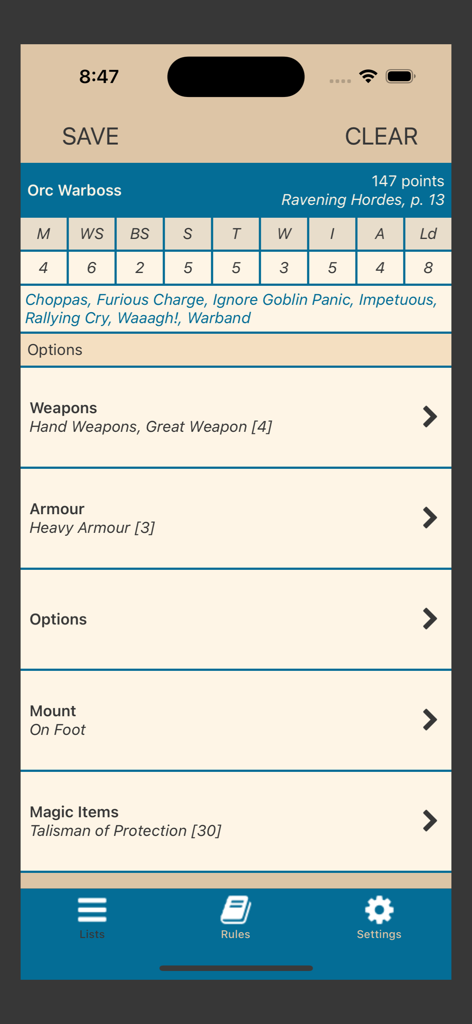 Detailed Orc Warboss unit statistics and equipment options screen