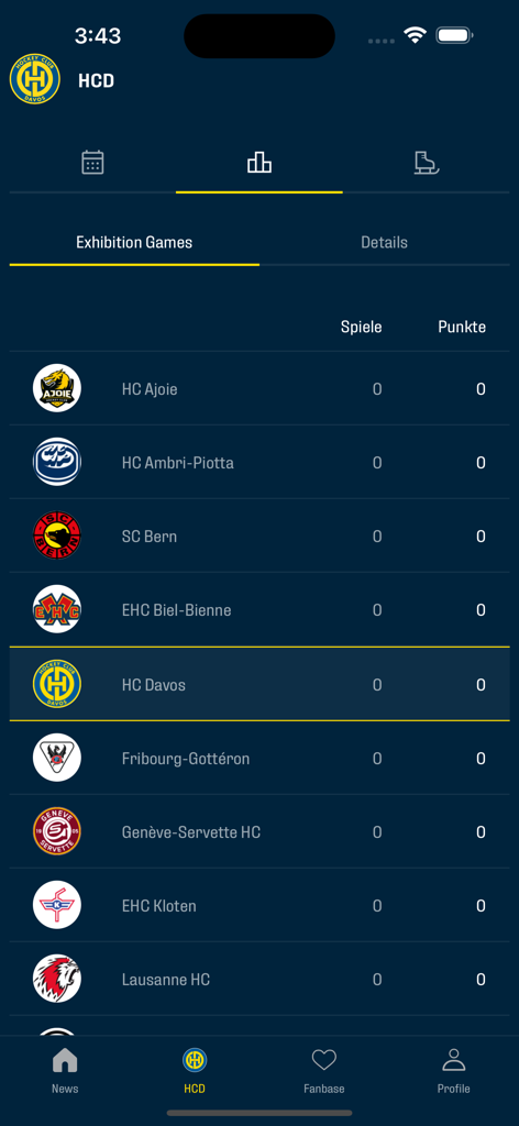 Hockey Club Davos - Hockey Club Davos App-Tabelle mit Ausstellungsspiel-Ranglisten für Schweizer Eishockey-Teams