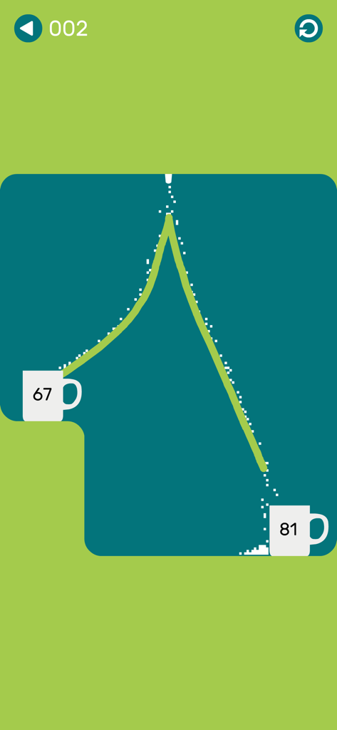 sugar (game) - Minimalist gameplay of sugar (game) level 2 where falling white sugar particles are directed into cups by a hand-drawn green line.