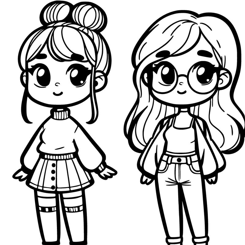 one girl with a bun, turtle neck, and short skirt. and another girl with a tank top, jeans, and glasses