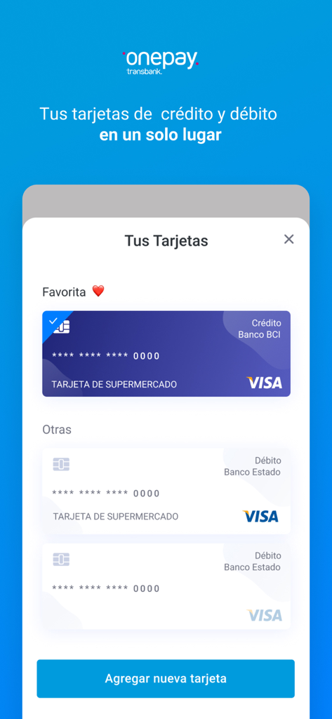 Onepay: paga fácil y rápido - Interface of the Onepay app showing stored Chilean credit and debit cards in a digital wallet