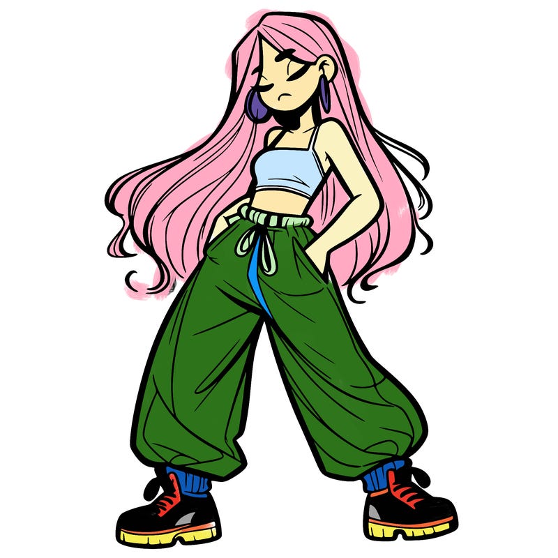girl in baggy pants crop top and long hair