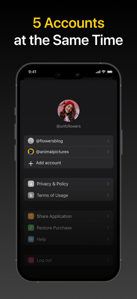 Followers Tracker - Reports - A mobile app interface showing the ability to manage up to 5 social media accounts simultaneously for follower tracking.