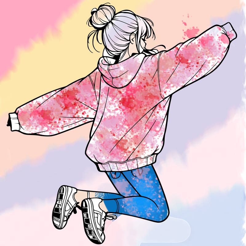 realistic girl jumping with a bun and oversized sweatshirt